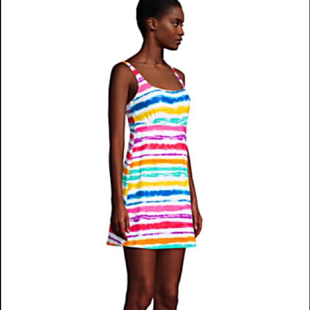 New Land’s End Plus size square neck tummy control swim dress w shorts striped
